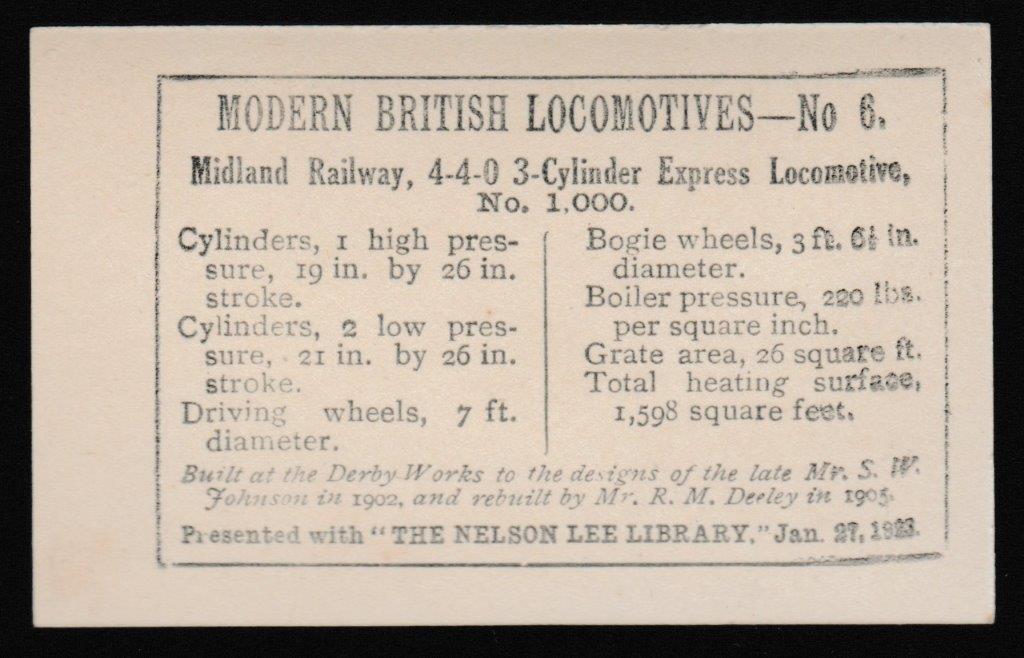 Nelson Lee - 'Modern British Locomotives' (1922) - Card #6 - Midland Railway No. 1000 Nelson Lee - 'Modern British Locomotives' (1922) - Card #6 - Midland Railway No. 1000