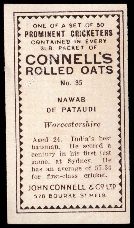 Connell's - 'Prominent Cricketers' (1934) - Nawab of Pataudi (Worcs) Connell's - 'Prominent Cricketers' (1934) - Nawab of Pataudi (Worcs)