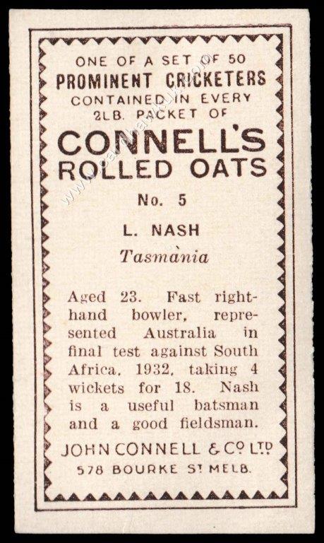 Connell's - 'Prominent Cricketers' (1934) - L. Nash (Tasmania) Connell's - 'Prominent Cricketers' (1934) - L. Nash (Tasmania)