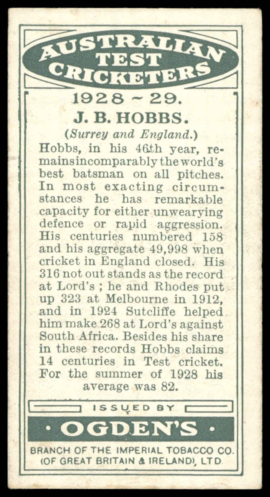 Ogden's - 'Australian Test Cricketers 1928-29' (1928) - #16 - J.B. Hobbs (Surrey) Ogden's - 'Australian Test Cricketers 1928-29' (1928) - #16 - J.B. Hobbs (Surrey)