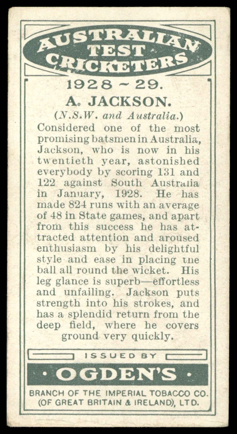 Ogden's - 'Australian Test Cricketers 1928-29' (1928) - #17 - A. Jackson (New South Wales) Ogden's - 'Australian Test Cricketers 1928-29' (1928) - #17 - A. Jackson (New South Wales)