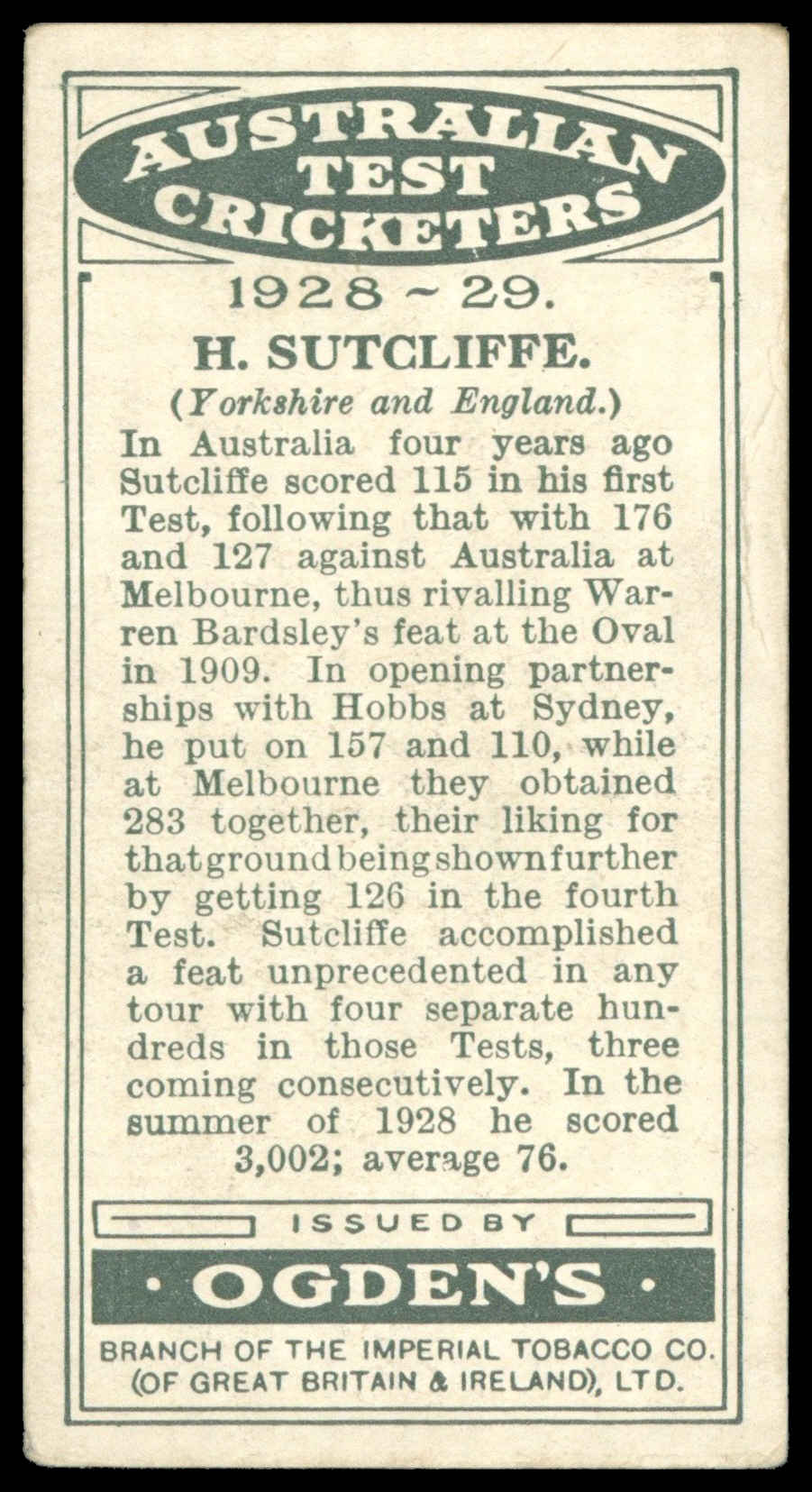 Ogden's - 'Australian Test Cricketers 1928-29' (1928) - #31 - H. Sutcliffe (Yorkshire) Ogden's - 'Australian Test Cricketers 1928-29' (1928) - #31 - H. Sutcliffe (Yorkshire)