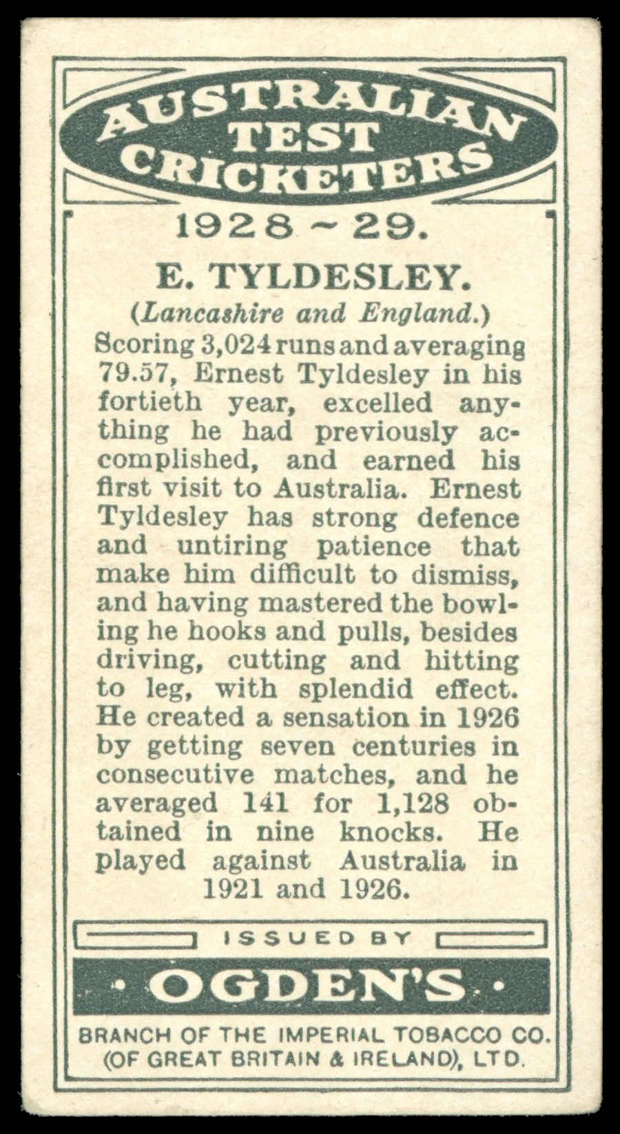 Ogden's - 'Australian Test Cricketers 1928-29' (1928) - #34 - E. Tyldesley (Lancashire) Ogden's - 'Australian Test Cricketers 1928-29' (1928) - #34 - E. Tyldesley (Lancashire)