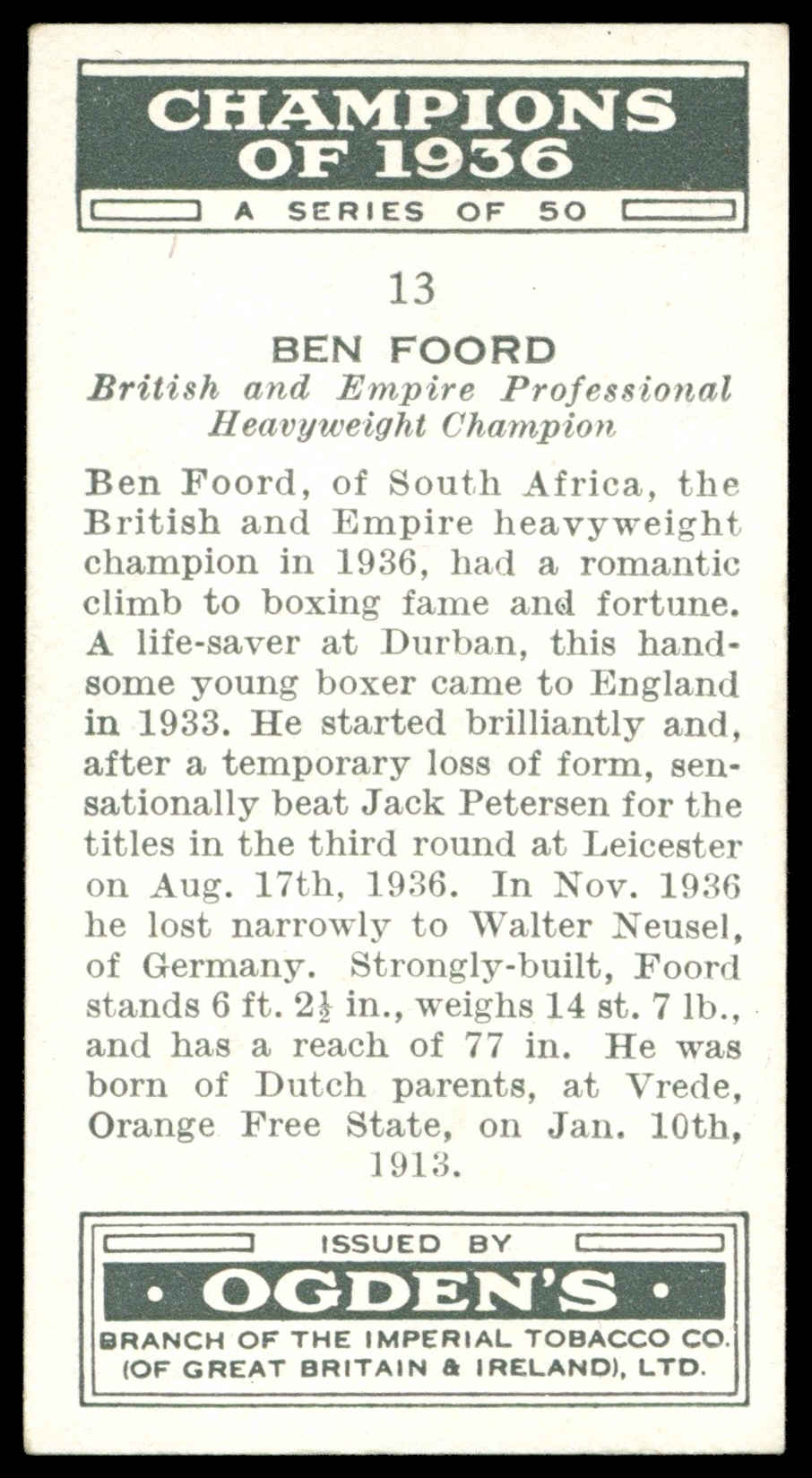 Ogden's - 'Champions of 1936' (1936) - Ben Foord (Boxing) Ogden's - 'Champions of 1936' (1936) - Ben Foord (Boxing)