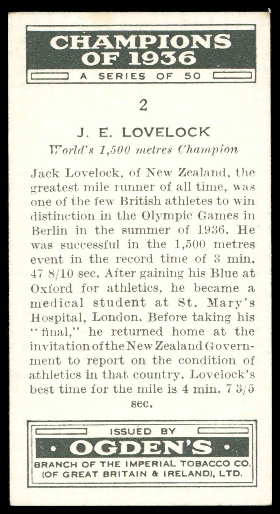 Ogden's - 'Champions of 1936' (1936) - J.E. Lovelock (1500 Metres) Ogden's - 'Champions of 1936' (1936) - J.E. Lovelock (1500 Metres)