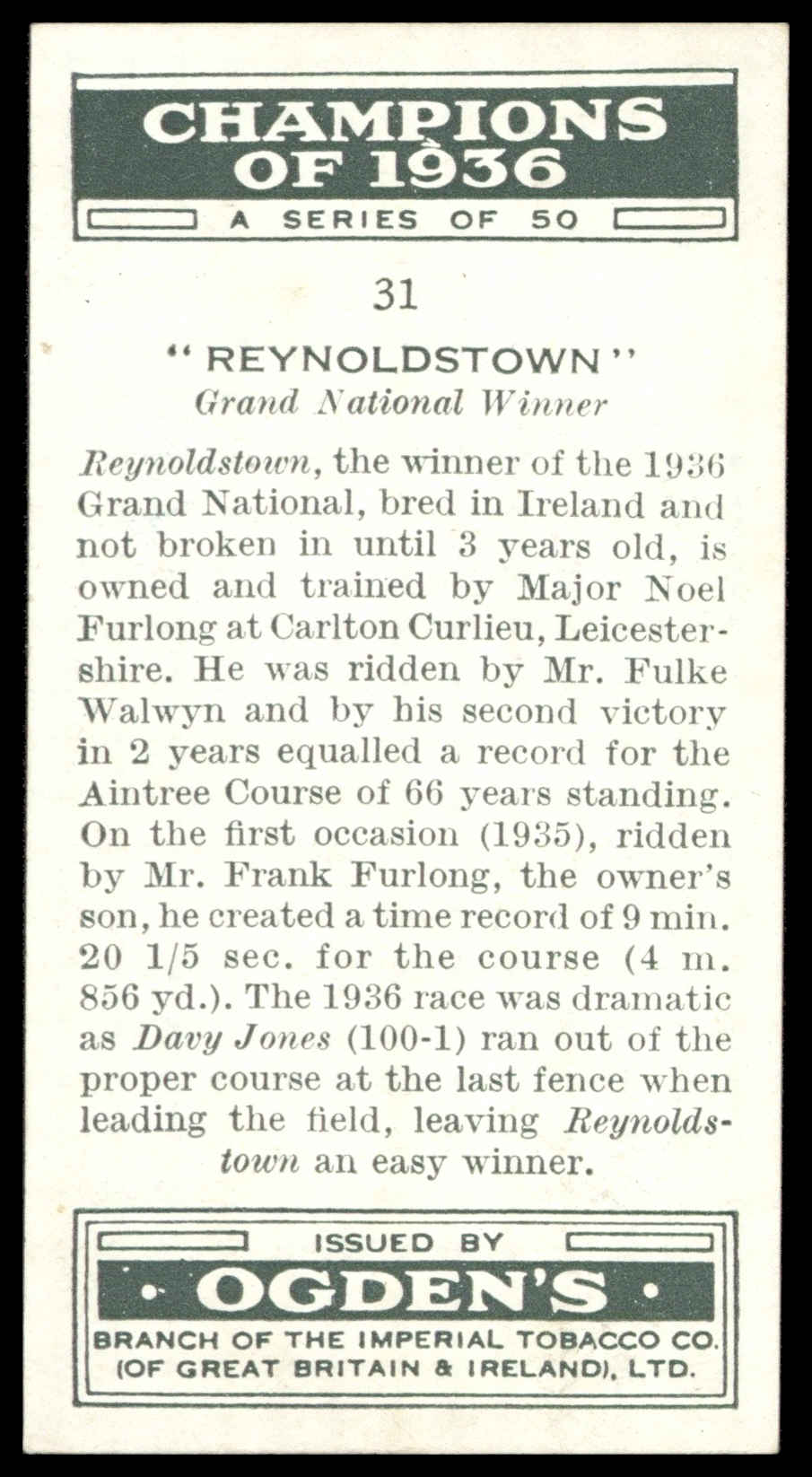 Ogden's - 'Champions of 1936' (1936) - Reyoldstown (Horse Racing) Ogden's - 'Champions of 1936' (1936) - Reyoldstown (Horse Racing)