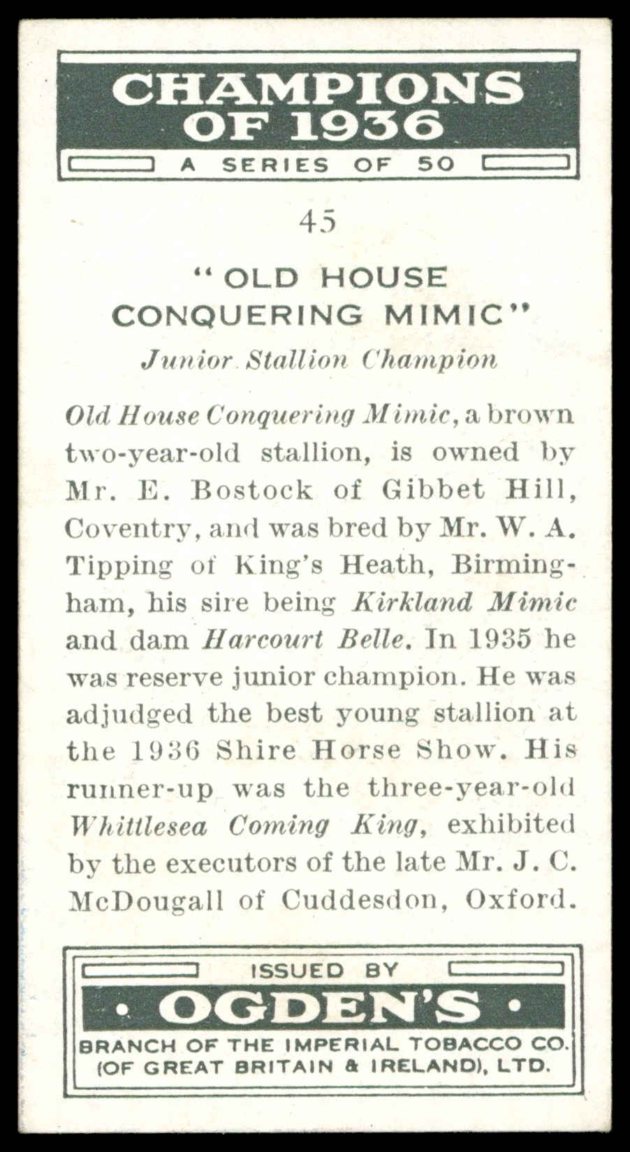 Ogden's - 'Champions of 1936' (1936) - Old House Conquring Mimic (Shire Horse) Ogden's - 'Champions of 1936' (1936) - Old House Conquring Mimic (Shire Horse)
