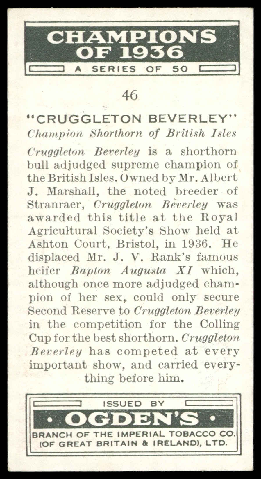 Ogden's - 'Champions of 1936' (1936) - Cruggleton Beverley (Shorthorn Bull) Ogden's - 'Champions of 1936' (1936) - Cruggleton Beverley (Shorthorn Bull)