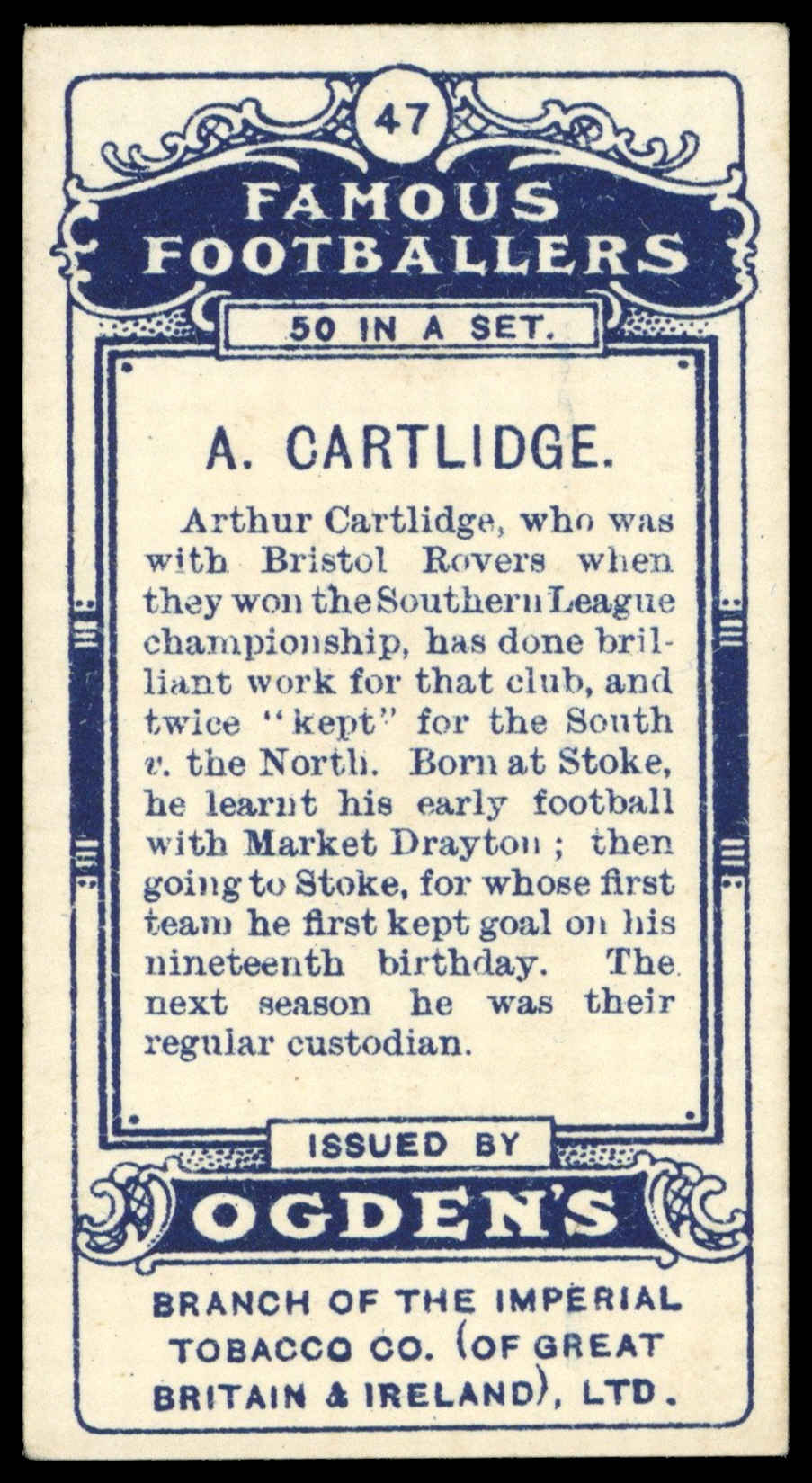 Ogden's - 'Famous Footballers' (1908) - A. Cartlidge (Bristol Rovers) Ogden's - 'Famous Footballers' (1908) - A. Cartlidge (Bristol Rovers)