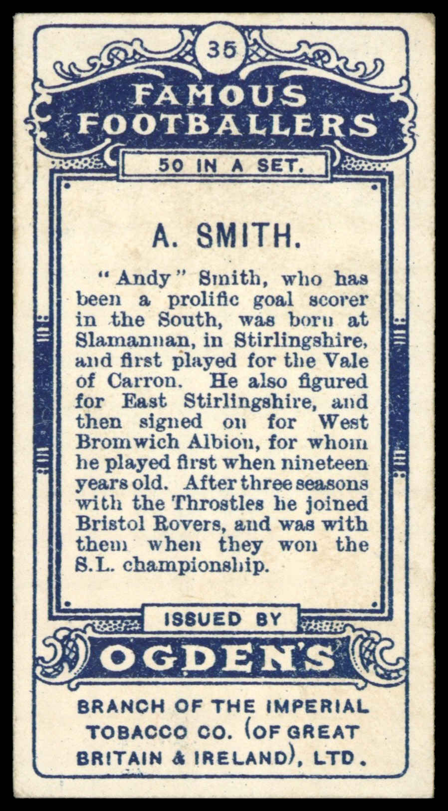 Ogden's - 'Famous Footballers' (1908) - #35 - A. Smith (West Bromwich Albion) Ogden's - 'Famous Footballers' (1908) - #35 - A. Smith (West Bromwich Albion)