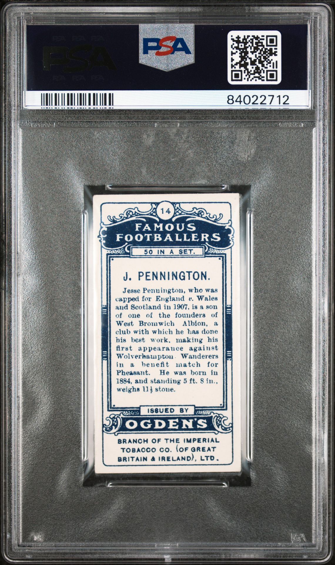 Ogden's - 'Famous Footballers' (1908) - J. Pennington (West Bromwich Albion) **PSA2** Ogden's - 'Famous Footballers' (1908) - J. Pennington (West Bromwich Albion) **PSA2**