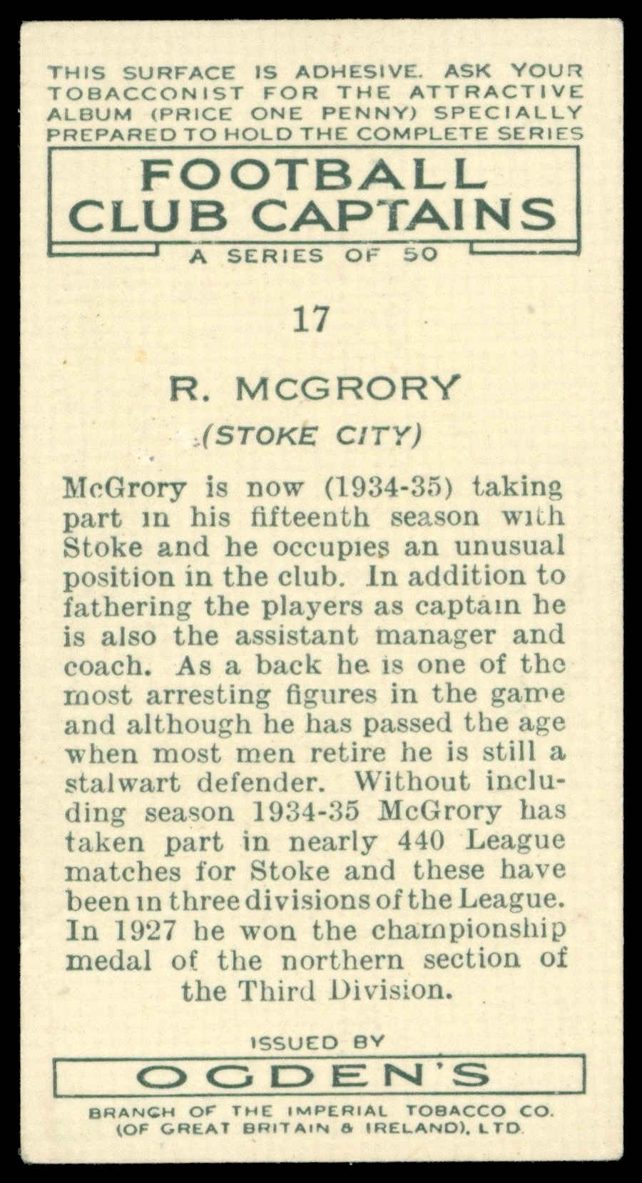 Ogden's - 'Football Club Captains' (1935) - #17 - R. McGregory (Stoke City) Ogden's - 'Football Club Captains' (1935) - #17 - R. McGregory (Stoke City)