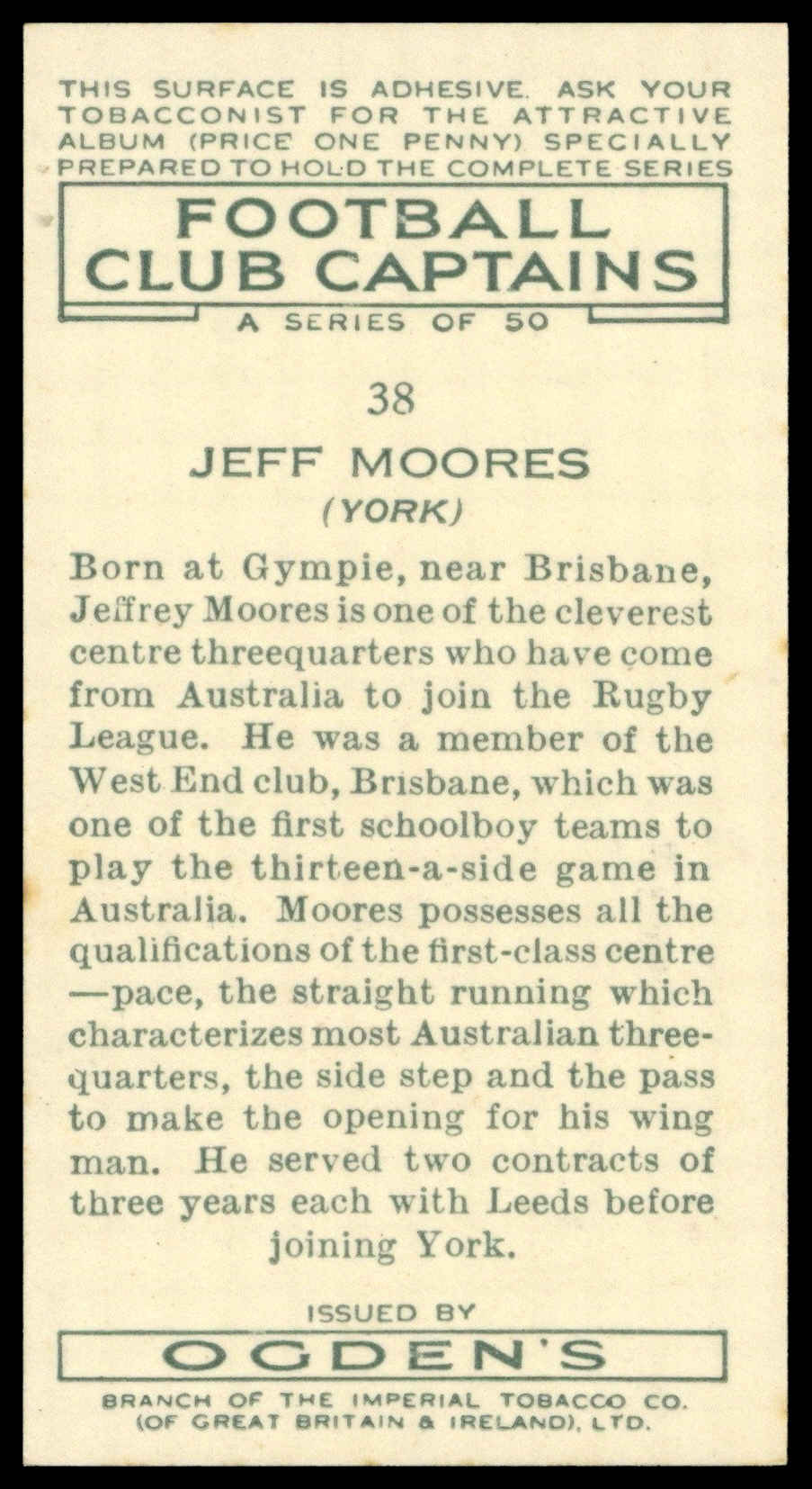 Ogden's - 'Football Club Captains' (1935) - #38 - Jeff Moores (York) Ogden's - 'Football Club Captains' (1935) - #38 - Jeff Moores (York)