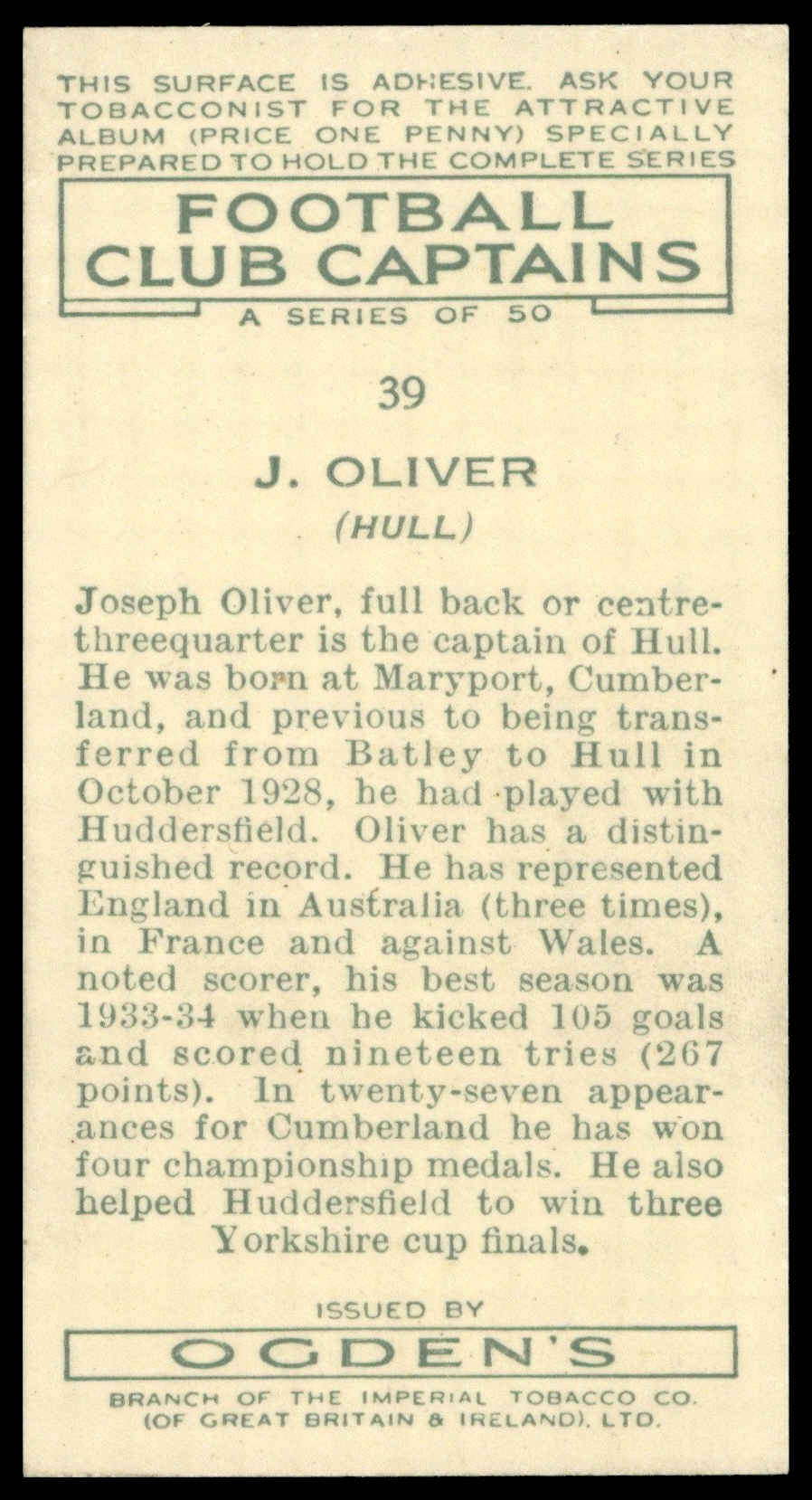 Ogden's - 'Football Club Captains' (1935) - #39 - J. Oliver (Hull) Ogden's - 'Football Club Captains' (1935) - #39 - J. Oliver (Hull)