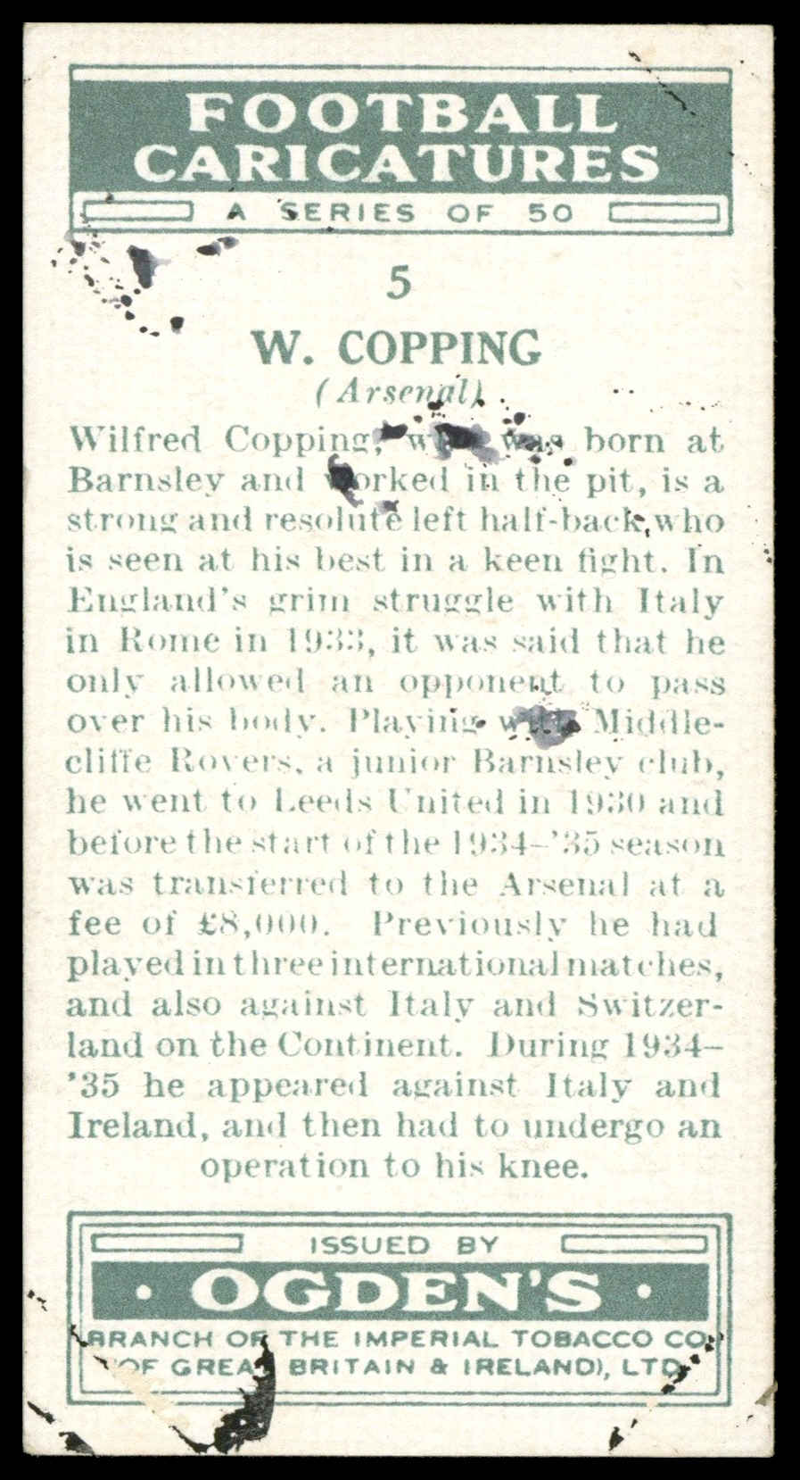 Ogden's - 'Football Caricatures' (1935) - W. Copping (Arsenal) Ogden's - 'Football Caricatures' (1935) - W. Copping (Arsenal)