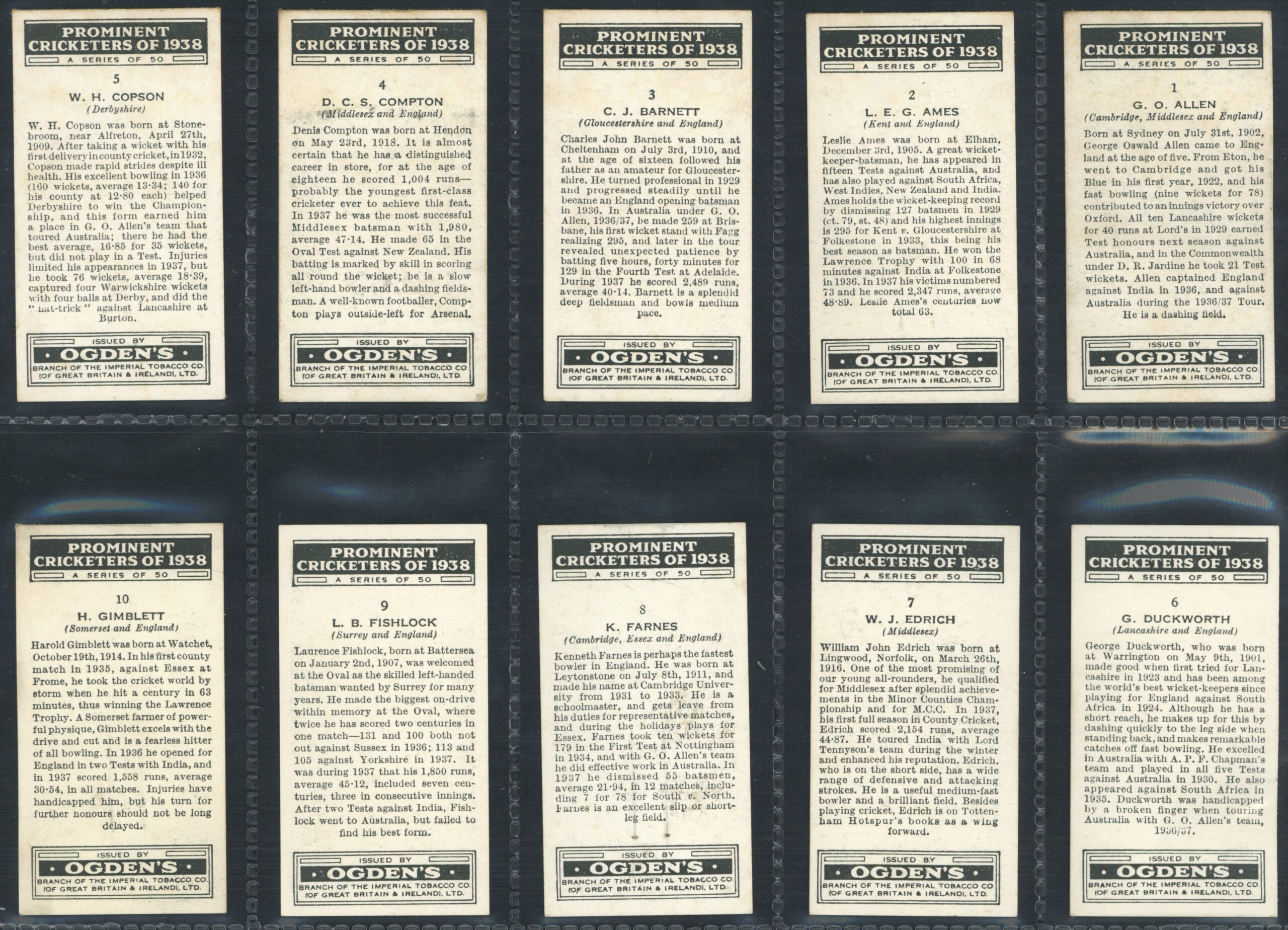 Ogden's - 'Prominent Cricketers of 1938' (1938) - Complete Set (Bradman, Hammond, Compton, Duckworth etc) Ogden's - 'Prominent Cricketers of 1938' (1938) - Complete Set (Bradman, Hammond, Compton, Duckworth etc)