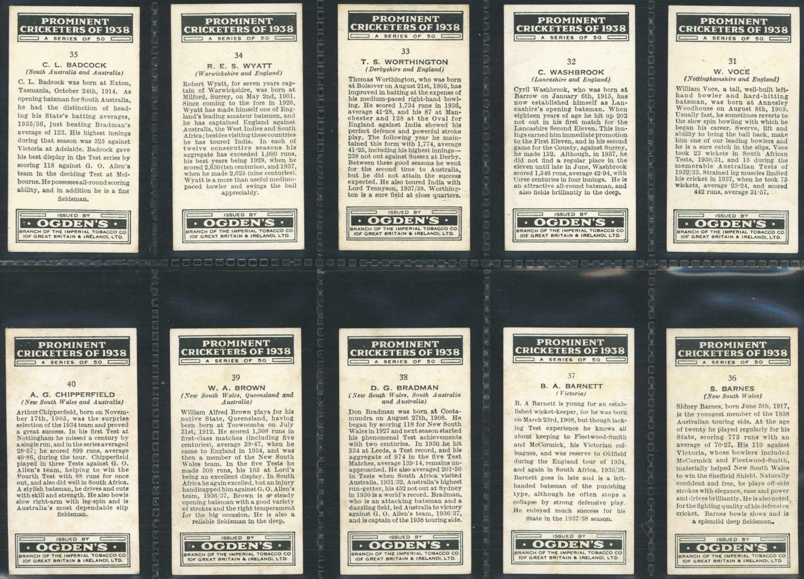Ogden's - 'Prominent Cricketers of 1938' (1938) - Complete Set (Bradman, Hammond, Compton, Duckworth etc) Ogden's - 'Prominent Cricketers of 1938' (1938) - Complete Set (Bradman, Hammond, Compton, Duckworth etc)