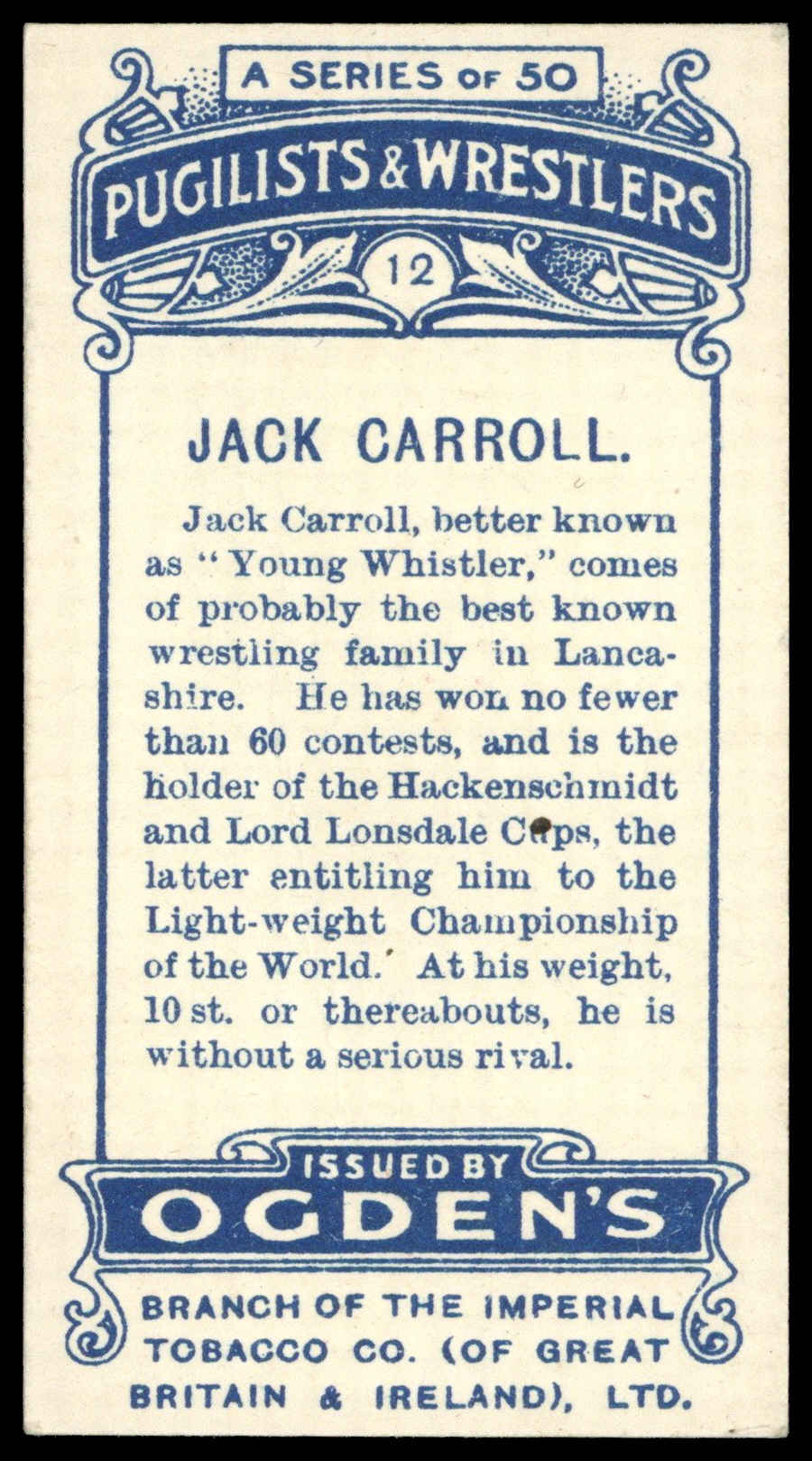 Ogden's - 'Pugilists & Wrestlers (1-25)' (1908) - Jack Carroll Ogden's - 'Pugilists & Wrestlers (1-25)' (1908) - Jack Carroll