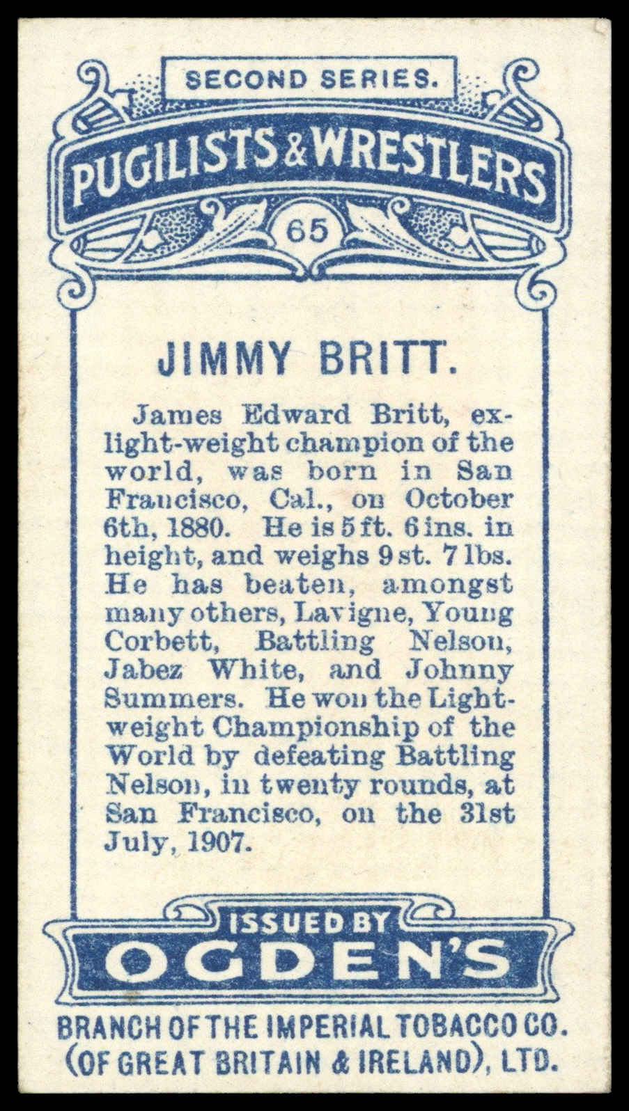 Ogden's - 'Pugilists & Wrestlers (51-75)' (1909) - Jimmy Britt Ogden's - 'Pugilists & Wrestlers (51-75)' (1909) - Jimmy Britt