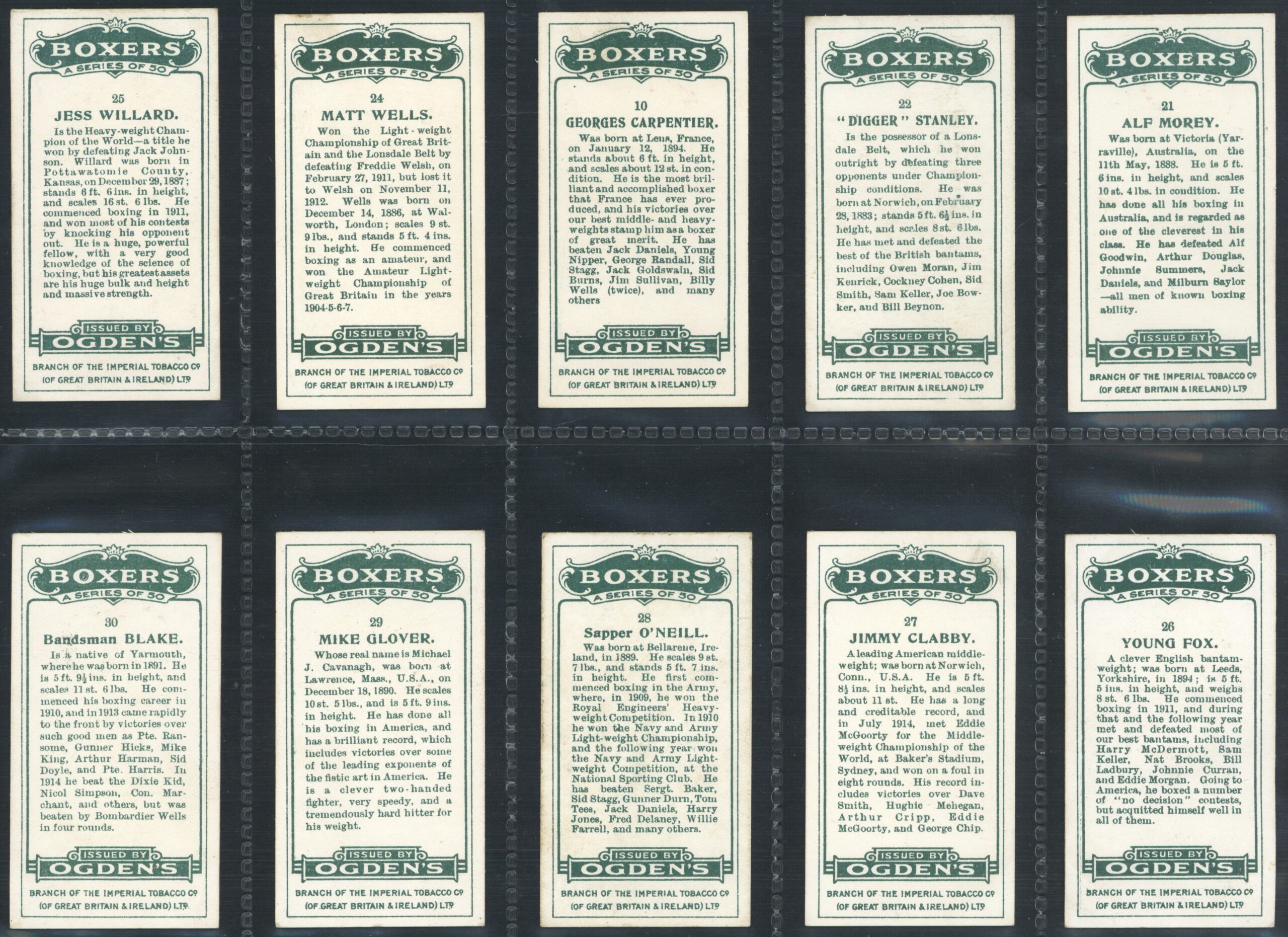 Ogden's - 'Boxers' - (1915) - Complete Set (Jeanette, Gans, Driscoll, Wells etc) Ogden's - 'Boxers' - (1915) - Complete Set (Jeanette, Gans, Driscoll, Wells etc)