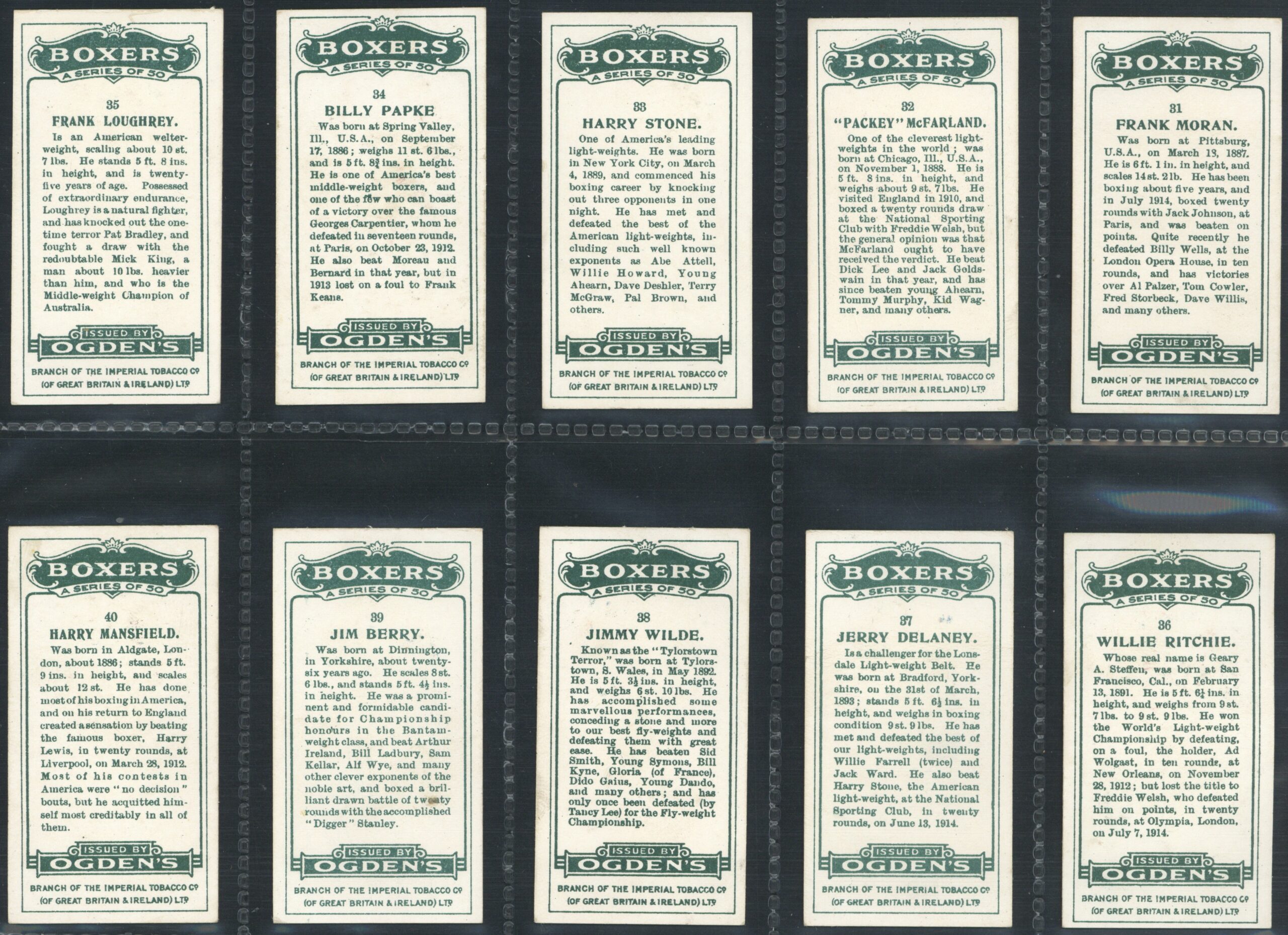 Ogden's - 'Boxers' - (1915) - Complete Set (Jeanette, Gans, Driscoll, Wells etc) Ogden's - 'Boxers' - (1915) - Complete Set (Jeanette, Gans, Driscoll, Wells etc)