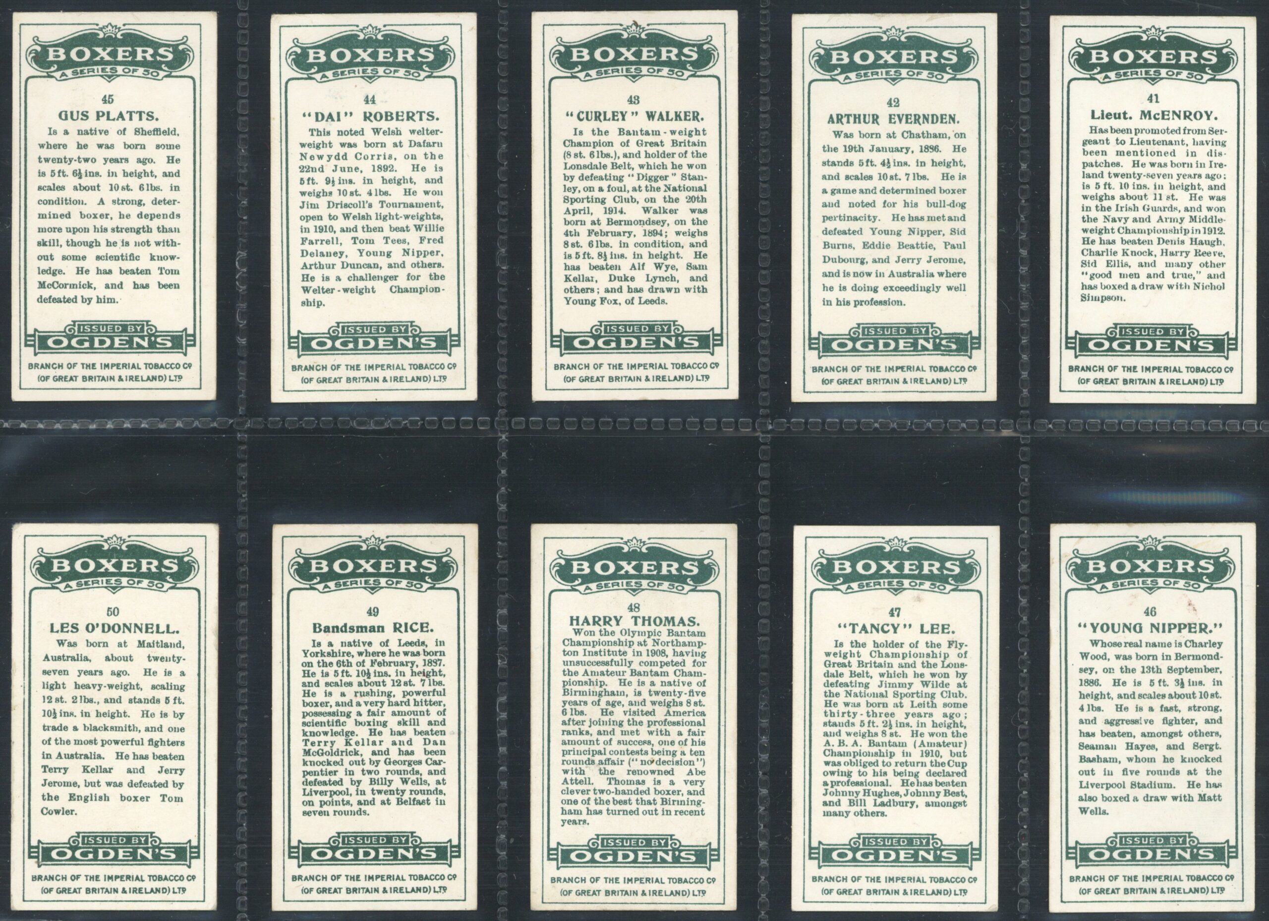 Ogden's - 'Boxers' - (1915) - Complete Set (Jeanette, Gans, Driscoll, Wells etc) Ogden's - 'Boxers' - (1915) - Complete Set (Jeanette, Gans, Driscoll, Wells etc)