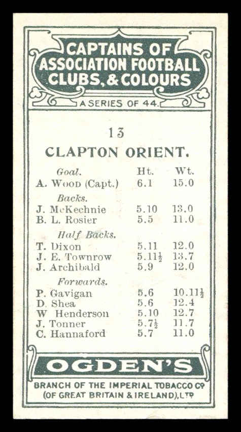 Ogden's - 'Captains of Association Football Clubs, & Colours' (1926) - #13 - A. Wood (Clapton Orient) Ogden's - 'Captains of Association Football Clubs, & Colours' (1926) - #13 - A. Wood (Clapton Orient)