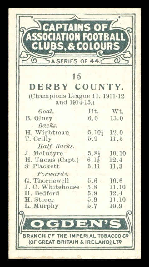 Ogden's - 'Captains of Association Football Clubs, & Colours' (1926) - #15 - H. Thoms (Derby County) Ogden's - 'Captains of Association Football Clubs, & Colours' (1926) - #15 - H. Thoms (Derby County)