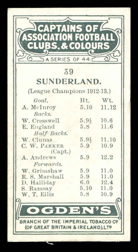 Ogden's - 'Captains of Association Football Clubs, & Colours' (1926) - #39 - C.W. Parker (Sunderland) Ogden's - 'Captains of Association Football Clubs, & Colours' (1926) - #39 - C.W. Parker (Sunderland)