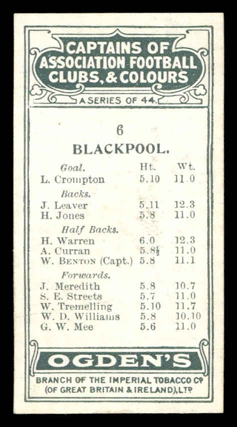 Ogden's - 'Captains of Association Football Clubs, & Colours' (1926) - #6 - W. Benton (Blackpool) Ogden's - 'Captains of Association Football Clubs, & Colours' (1926) - #6 - W. Benton (Blackpool)