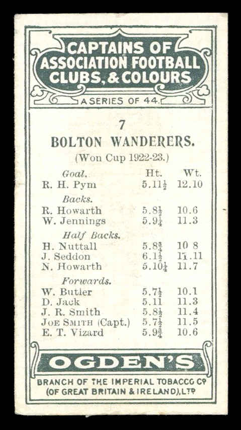 Ogden's - 'Captains of Association Football Clubs, & Colours' (1926) - #7 - Joe Smith (Bolton Wanderers) Ogden's - 'Captains of Association Football Clubs, & Colours' (1926) - #7 - Joe Smith (Bolton Wanderers)