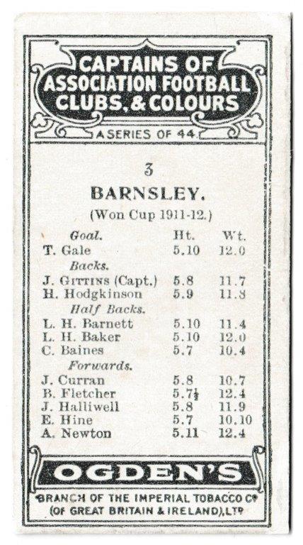 Ogden's - 'Captains of Association Football Clubs, & Colours' (1926) - Card #3 - J. Gittins (Barnsley) Ogden's - 'Captains of Association Football Clubs, & Colours' (1926) - Card #3 - J. Gittins (Barnsley)