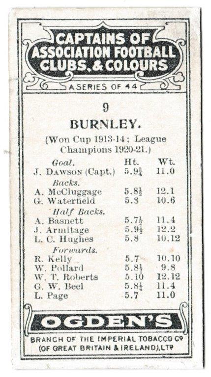 Ogden's - 'Captains of Association Football Clubs, & Colours' (1926) - Card #9 - J. Dawson (Burnley) Ogden's - 'Captains of Association Football Clubs, & Colours' (1926) - Card #9 - J. Dawson (Burnley)