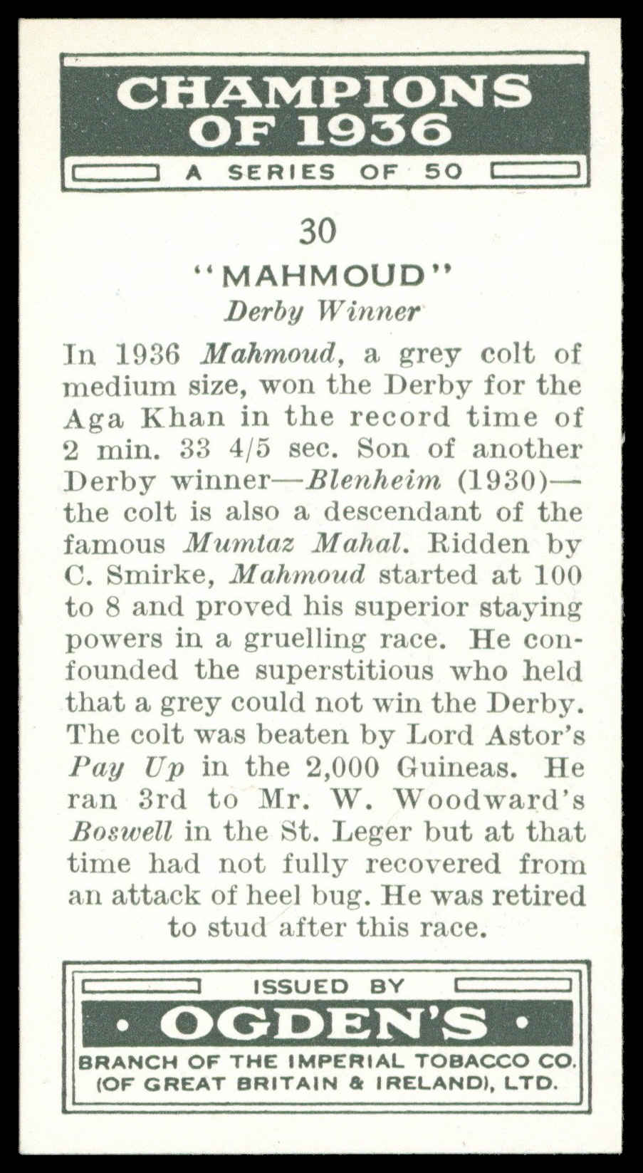 Ogden's - 'Champions of 1936' (1936) - #30 - Mahmoud (Horse Racing) Ogden's - 'Champions of 1936' (1936) - #30 - Mahmoud (Horse Racing)