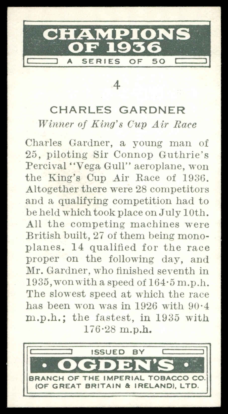 Ogden's - 'Champions of 1936' (1936) - #4 - Charles Gardner (Aviation) Ogden's - 'Champions of 1936' (1936) - #4 - Charles Gardner (Aviation)