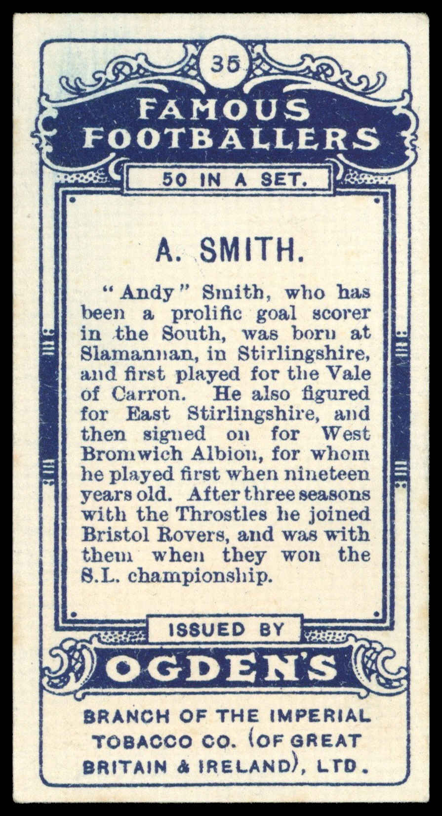 Ogden's - 'Famous Footballers' (1908) - A. Smith (West Bromwich Albion) Ogden's - 'Famous Footballers' (1908) - A. Smith (West Bromwich Albion)