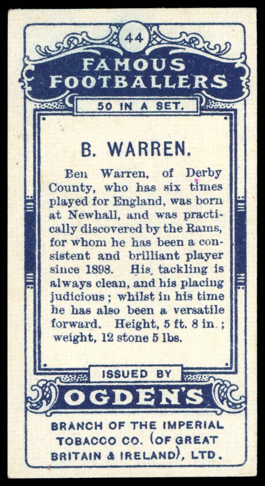 Ogden's - 'Famous Footballers' (1908) - B. Warren (Derby County) Ogden's - 'Famous Footballers' (1908) - B. Warren (Derby County)