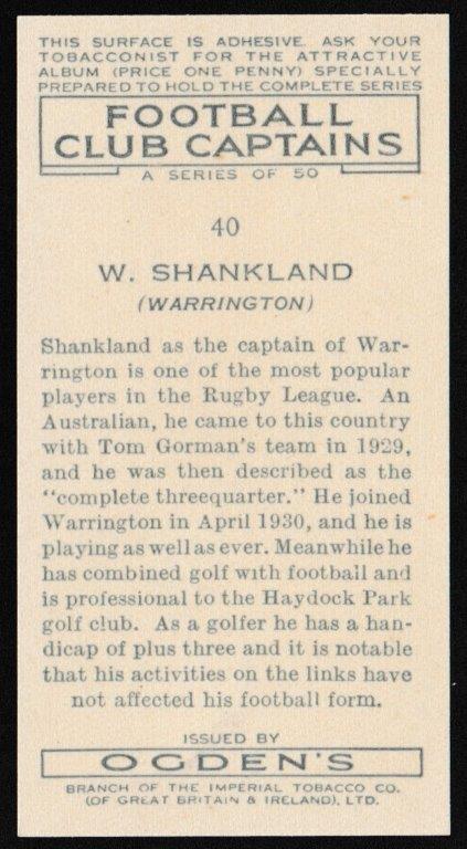 Ogden's - 'Football Club Captains' (1935) - W. Shankland (Warrington) Ogden's - 'Football Club Captains' (1935) - W. Shankland (Warrington)