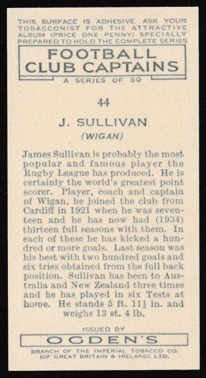 Ogden's - 'Football Club Captains' (1935) - J. Sullivan (Wigan) Ogden's - 'Football Club Captains' (1935) - J. Sullivan (Wigan)