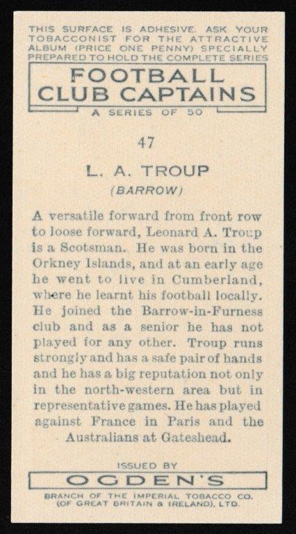 Ogden's - 'Football Club Captains' (1935) - L.A. Troup (Barrow) Ogden's - 'Football Club Captains' (1935) - L.A. Troup (Barrow)