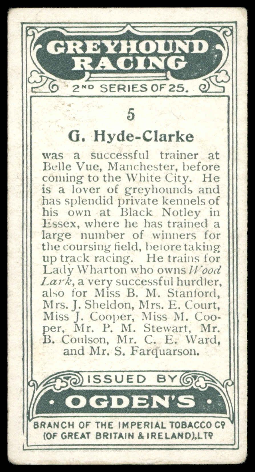 Ogden's - 'Greyhound Racing S2' (1928) - #5 - G, Hyde-Clarke Ogden's - 'Greyhound Racing S2' (1928) - #5 - G, Hyde-Clarke