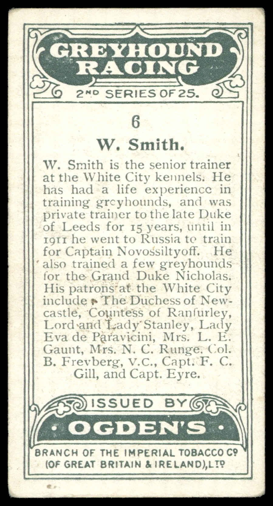 Ogden's - 'Greyhound Racing S2' (1928) - #6 - W. Smith Ogden's - 'Greyhound Racing S2' (1928) - #6 - W. Smith