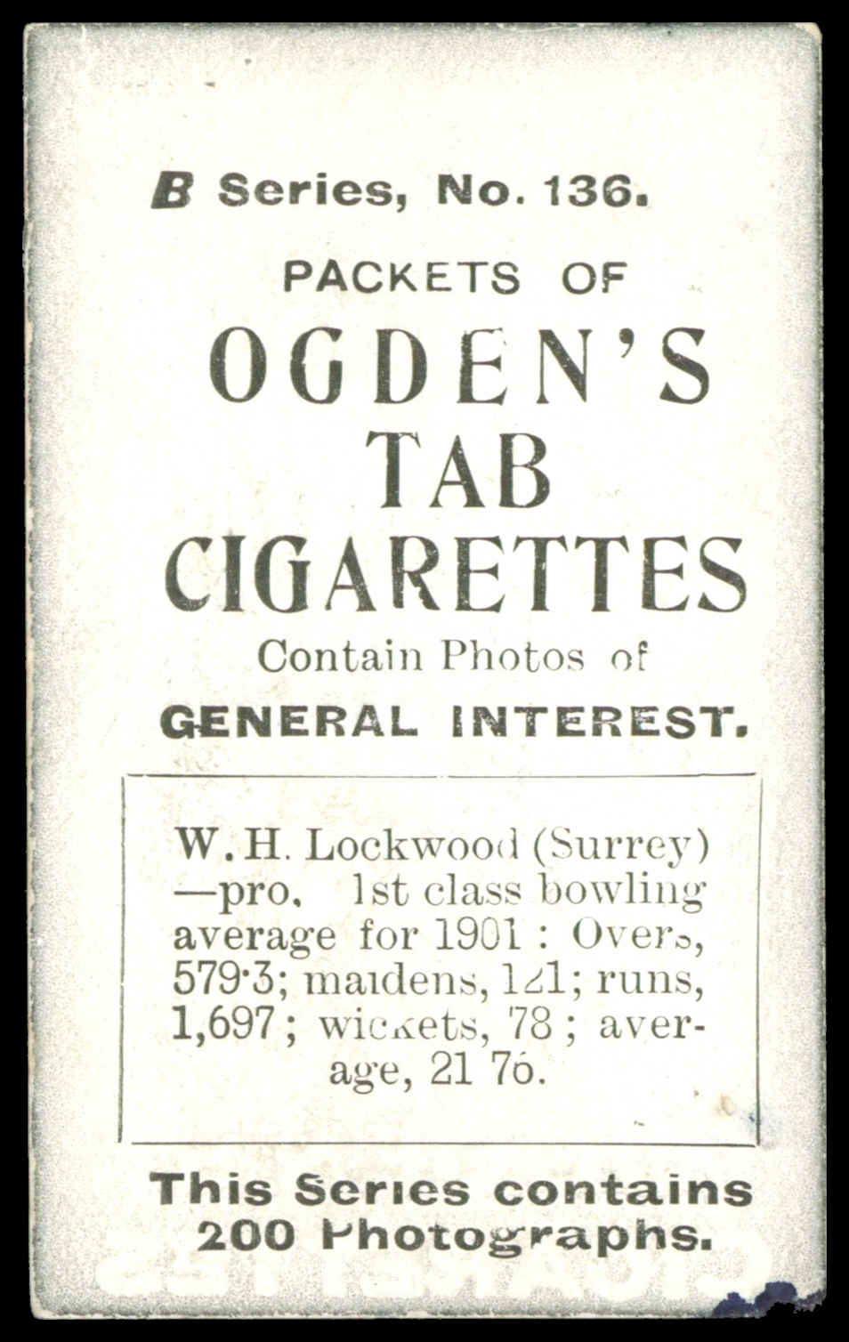 Ogden's - 'Tabs B - Cricket' (1902) - W.H. Lockwood (Surrey) Ogden's - 'Tabs B - Cricket' (1902) - W.H. Lockwood (Surrey)