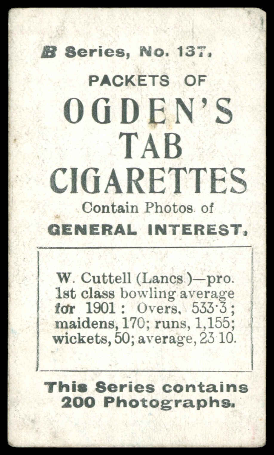 Ogden's - 'Tabs B - Cricket' (1902) - W. Cuttell (Lancashire) Ogden's - 'Tabs B - Cricket' (1902) - W. Cuttell (Lancashire)