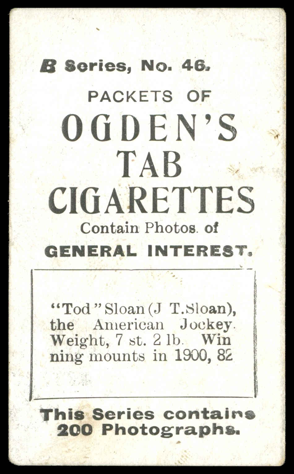 Ogden's - 'Tabs B - Horseracing' (1902) - Tod Sloan Ogden's - 'Tabs B - Horseracing' (1902) - Tod Sloan