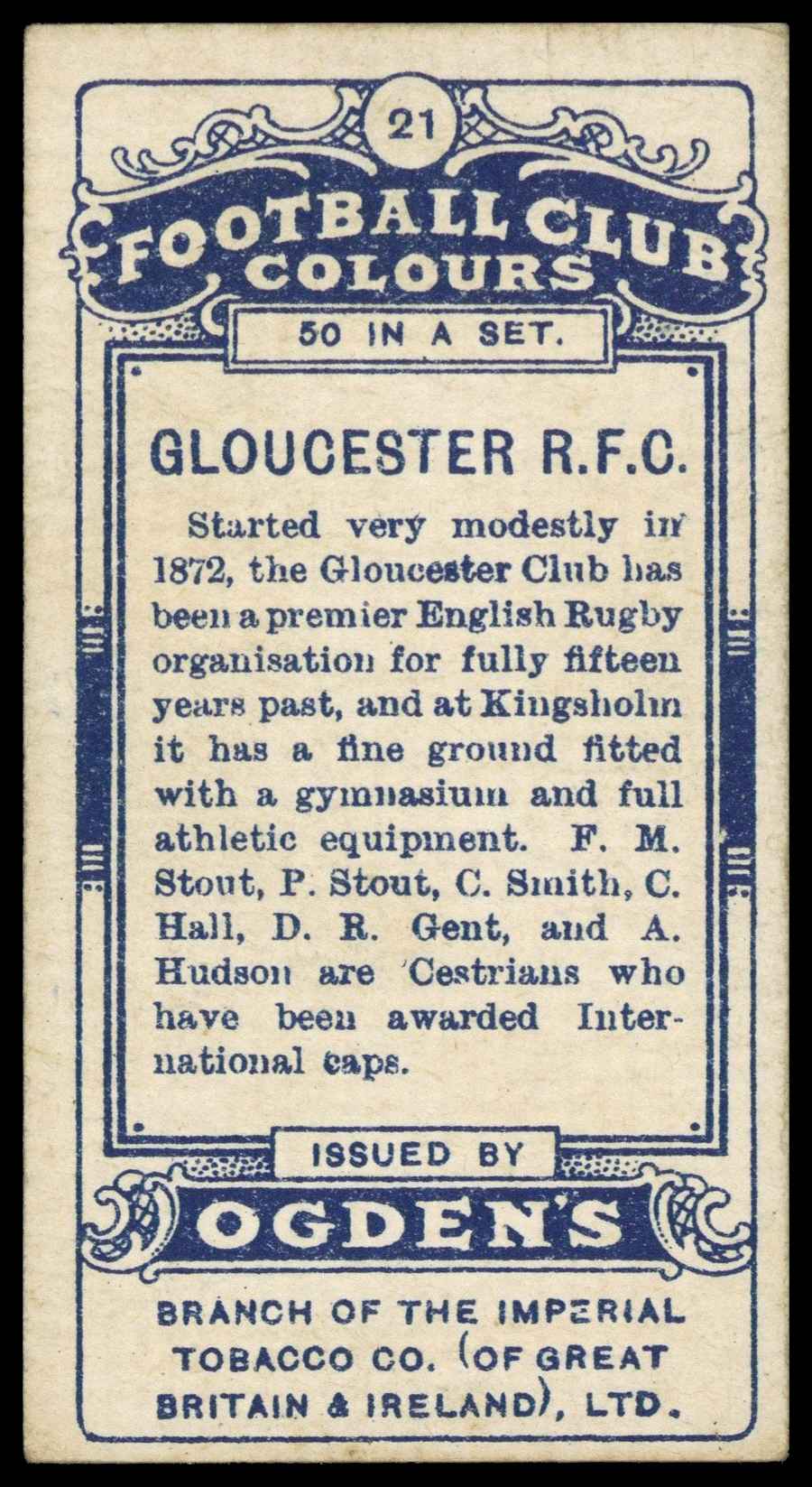 Ogden's - 'Football Club Colours' Gloucester (R.F.C.) (1906) Ogden's - 'Football Club Colours' Gloucester (R.F.C.) (1906)