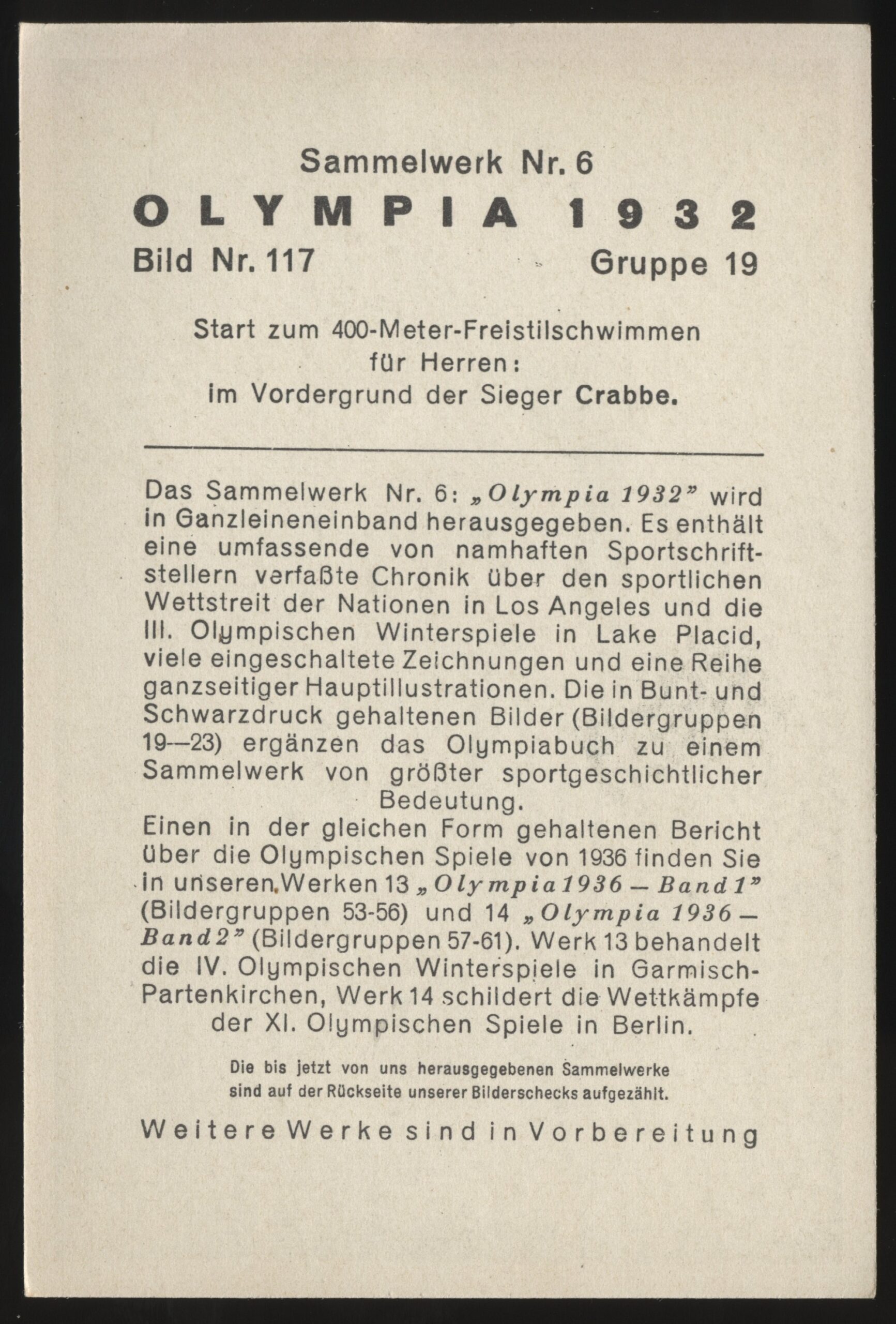 Sammelwerk - '1932 Olympics Bild 117 Grp 19 Mens 400m Freestyle Final Start' (1932) - Olympics Card Sammelwerk - '1932 Olympics Bild 117 Grp 19 Mens 400m Freestyle Final Start' (1932) - Olympics Card