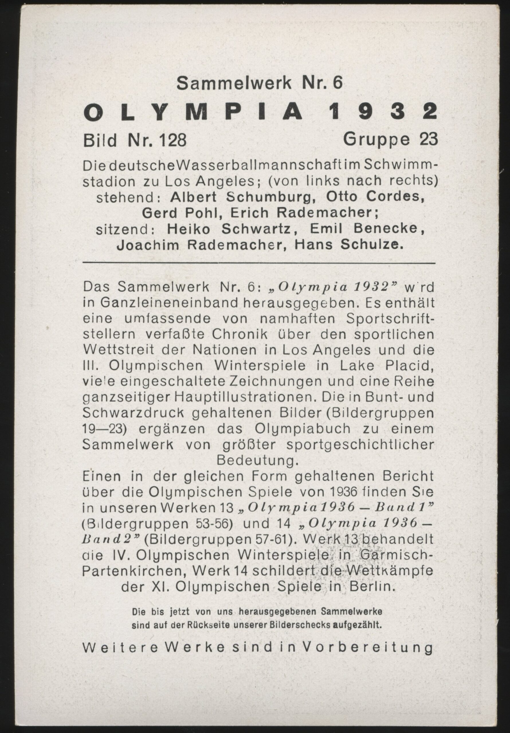 Sammelwerk - '1932 Olympics Bild 128 Grp 23 German Water Polo Team' (1932) - Olympics Card Sammelwerk - '1932 Olympics Bild 128 Grp 23 German Water Polo Team' (1932) - Olympics Card