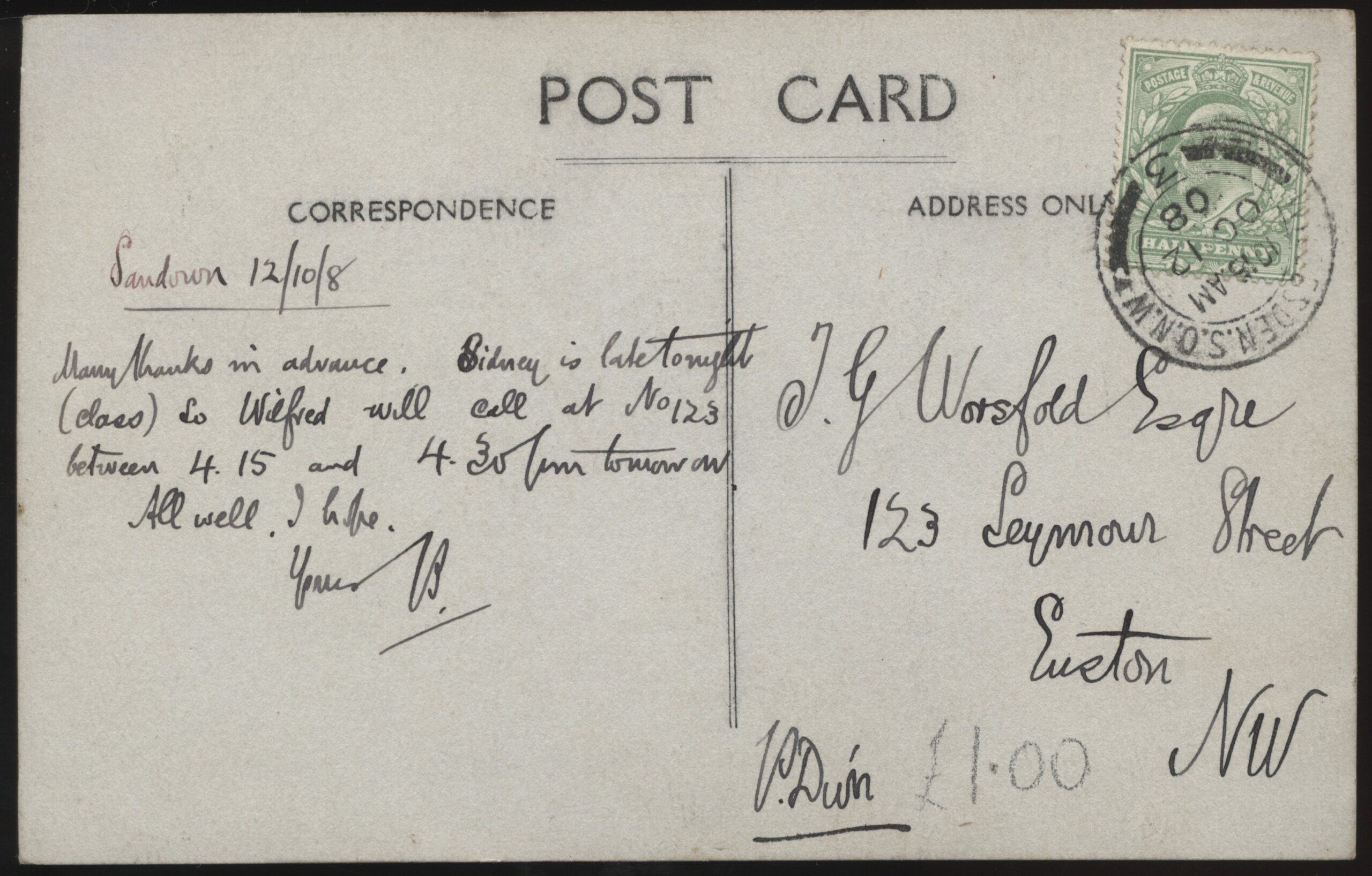 Robinson - 'J Hayes London Olympic Marathon Winner Clock Tower Harlsden' (1908) - Postmarked 1908 Robinson - 'J Hayes London Olympic Marathon Winner Clock Tower Harlsden' (1908) - Postmarked 1908