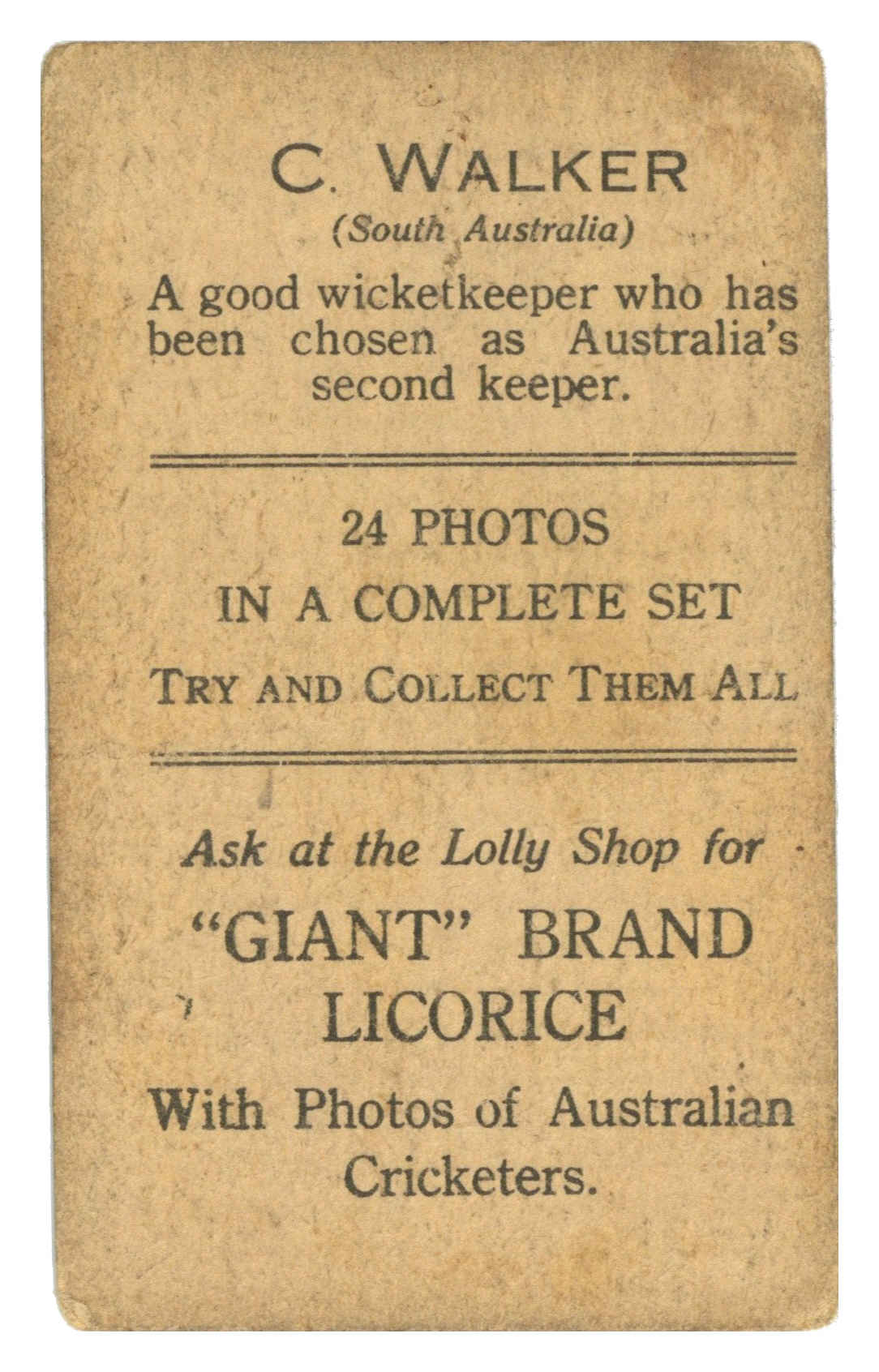 Australian Licorice - 'Australian Cricketers (1930)' (1930) - C. Walker Australian Licorice - 'Australian Cricketers (1930)' (1930) - C. Walker